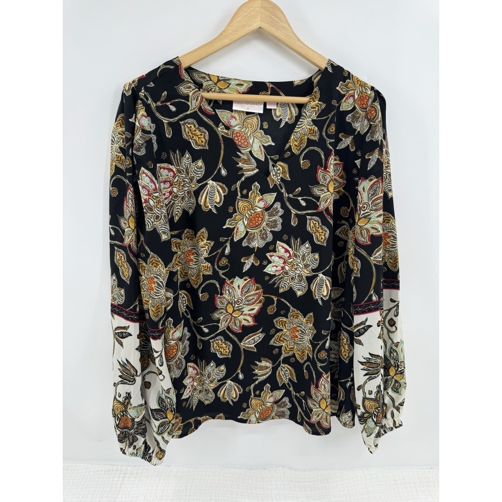 Belle Boho By Kim Gravel Artisan Peasant Blouse Popover Black Floral Size Large